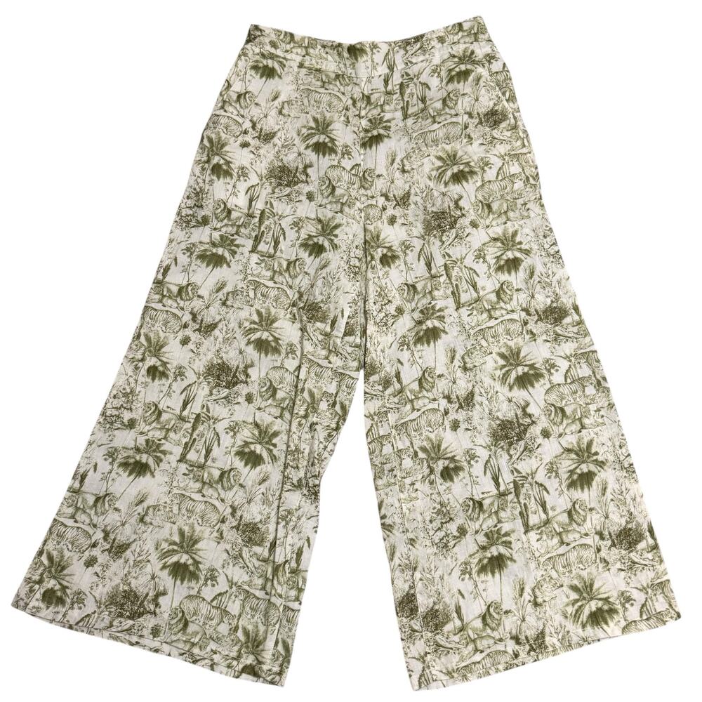 Rachel Zoe Linen Pants Wide Leg Crop Jungle Animals Print Green White Medium